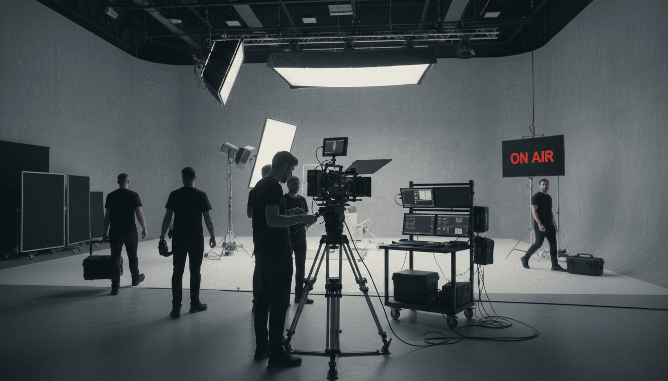 Video production camera on set in a modern studio