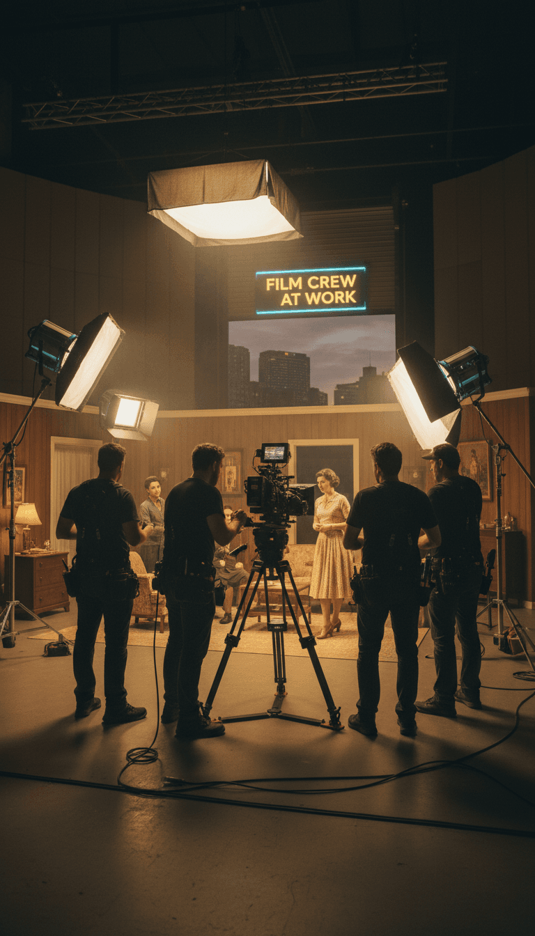 Professional video camera on a studio set with soft lighting