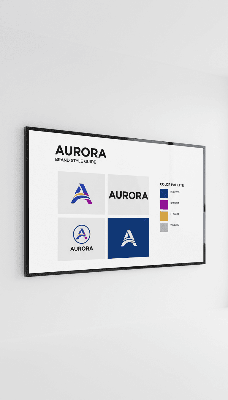 Open brand style guide showing logo versions and palette