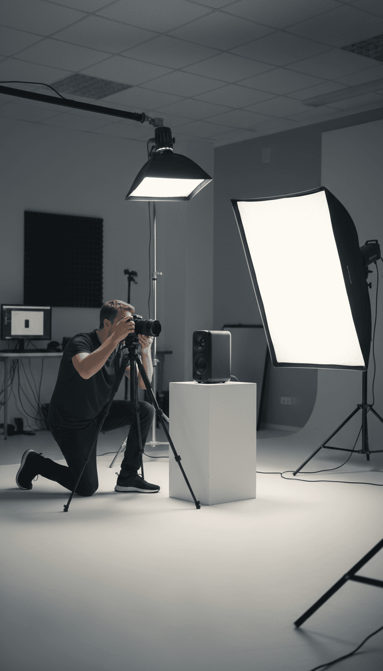 Photographer capturing a product on a clean studio backdrop