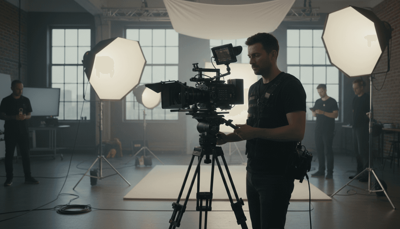 Videographer filming with a cinema camera on a professional studio set