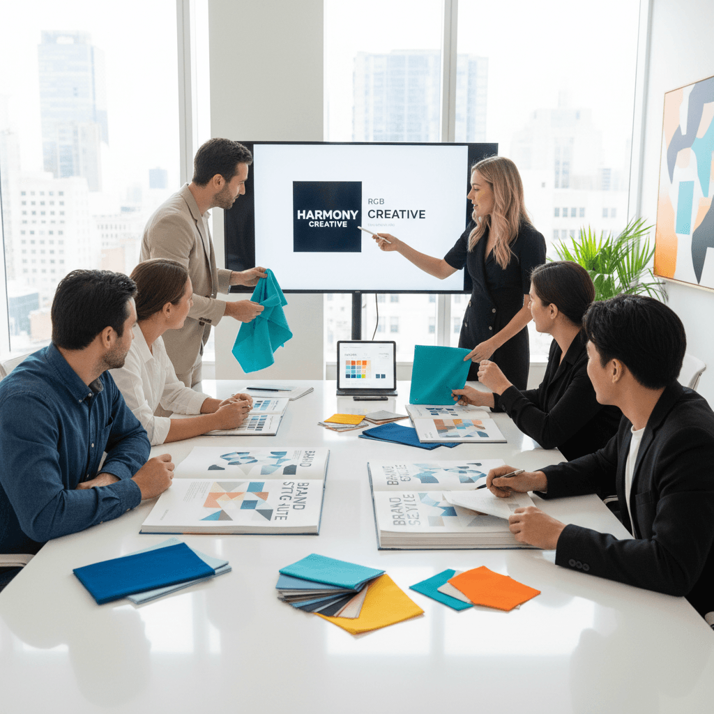Team reviewing a brand style guide and color palette in a modern office