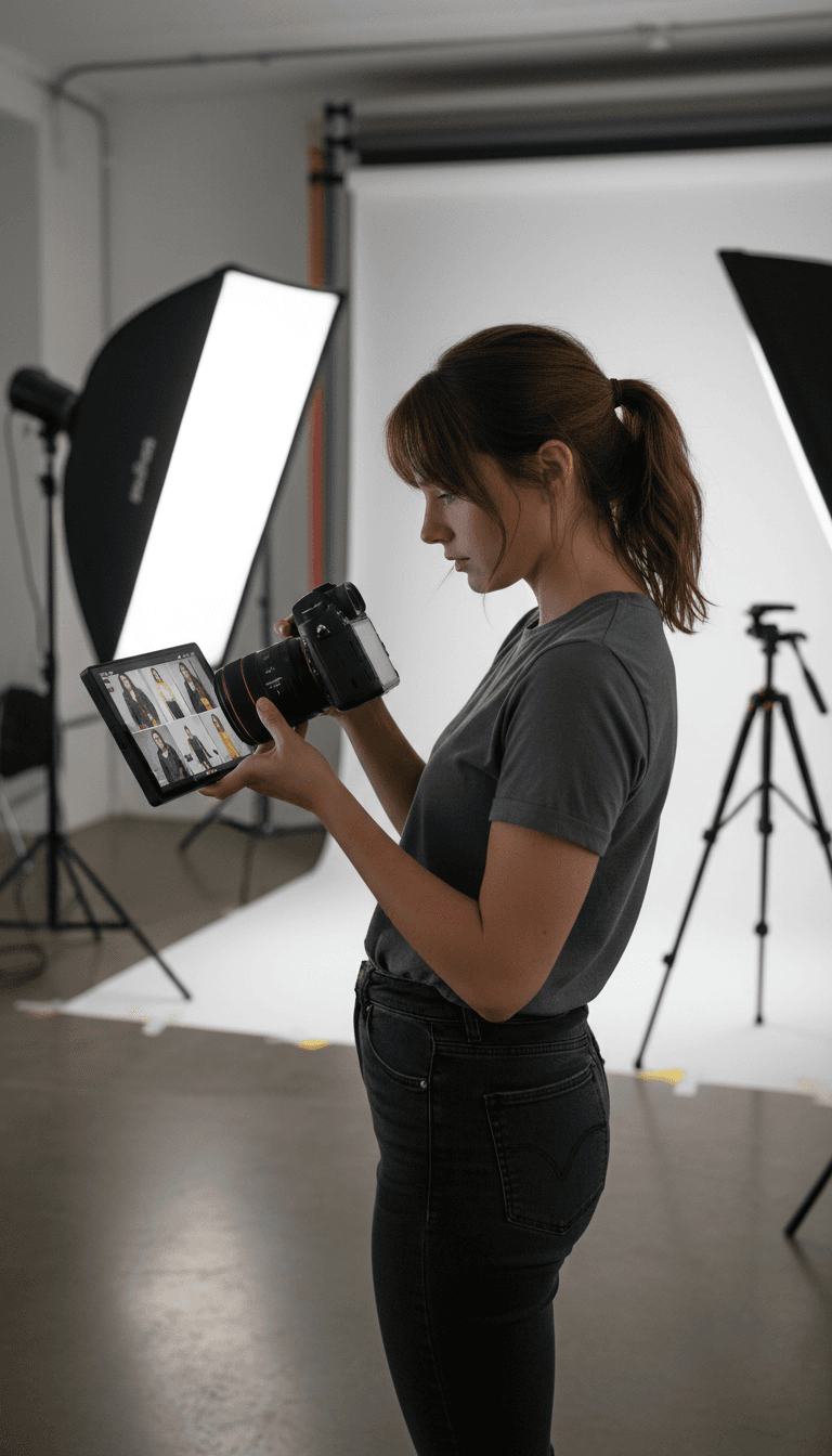 Photographer reviewing a shot on a digital camera display