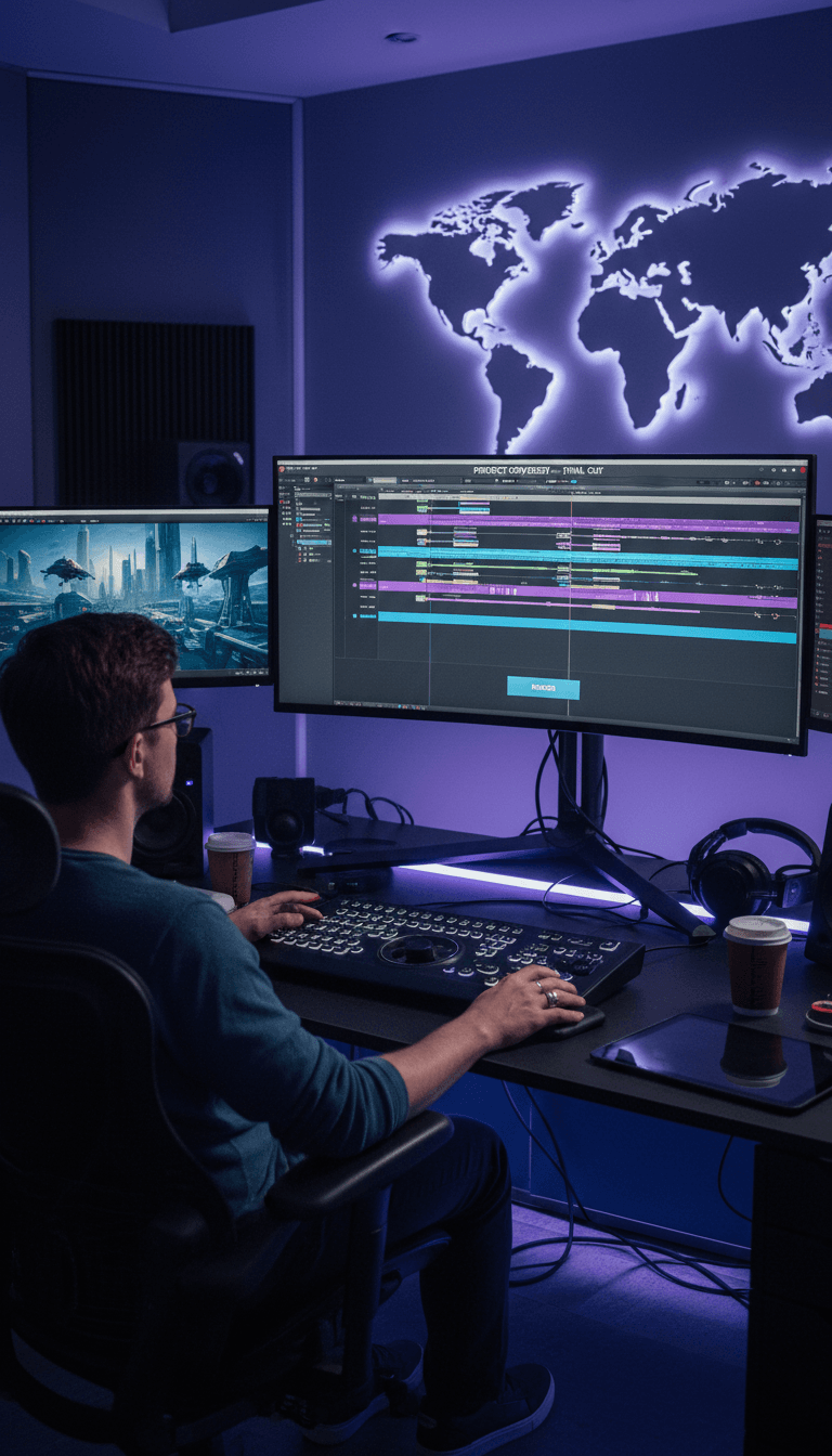 Video editor color grading footage on a large monitor