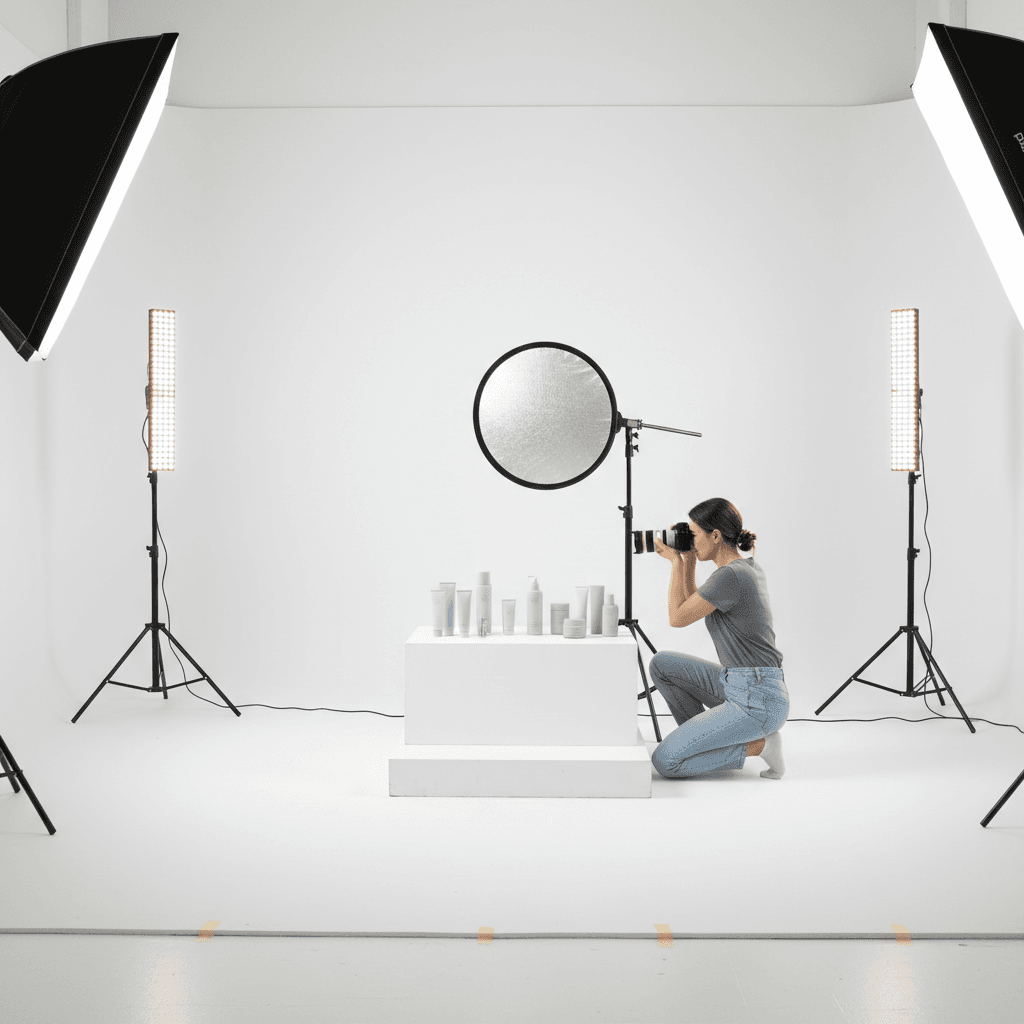 Photographer capturing product shots in a bright studio
