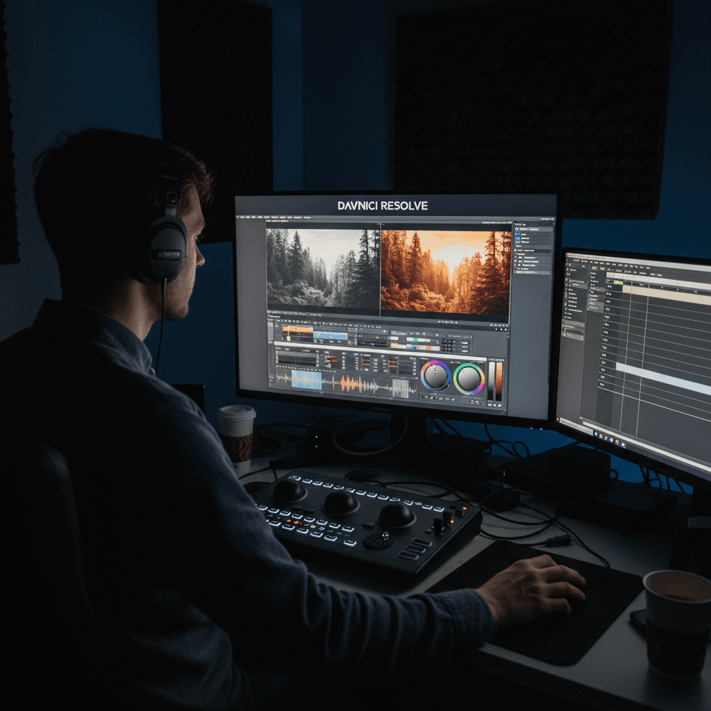 Video editor color grading footage in a dark editing suite