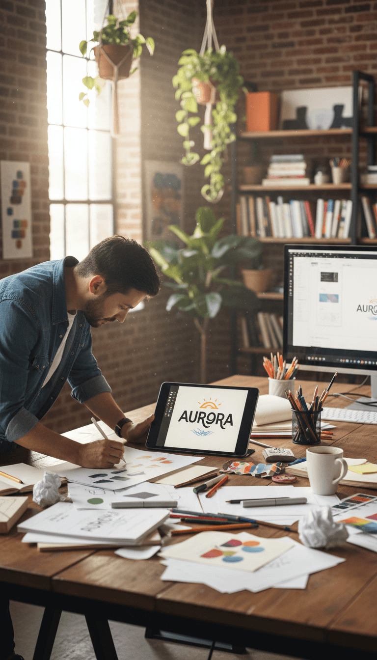 Designer sketching logo ideas at a bright studio desk