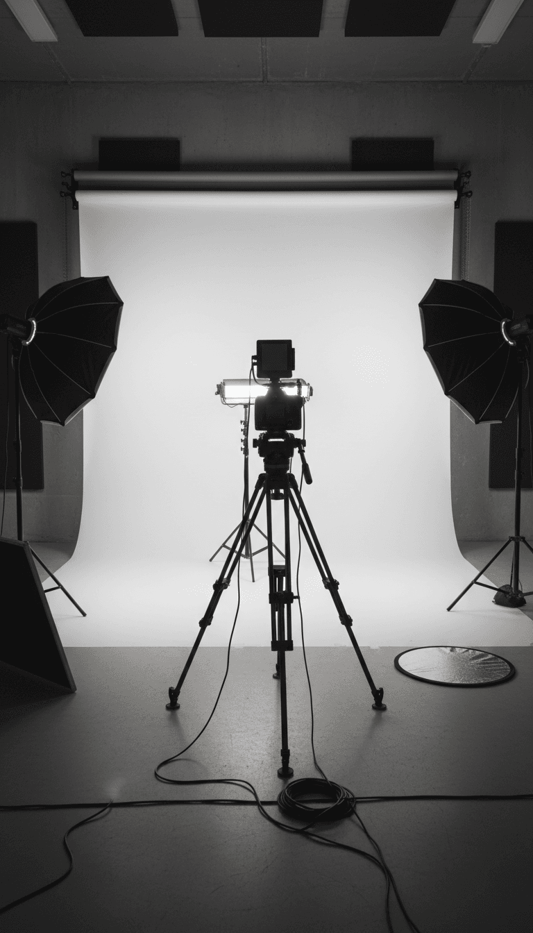 Studio camera setup with backdrop and lighting gear