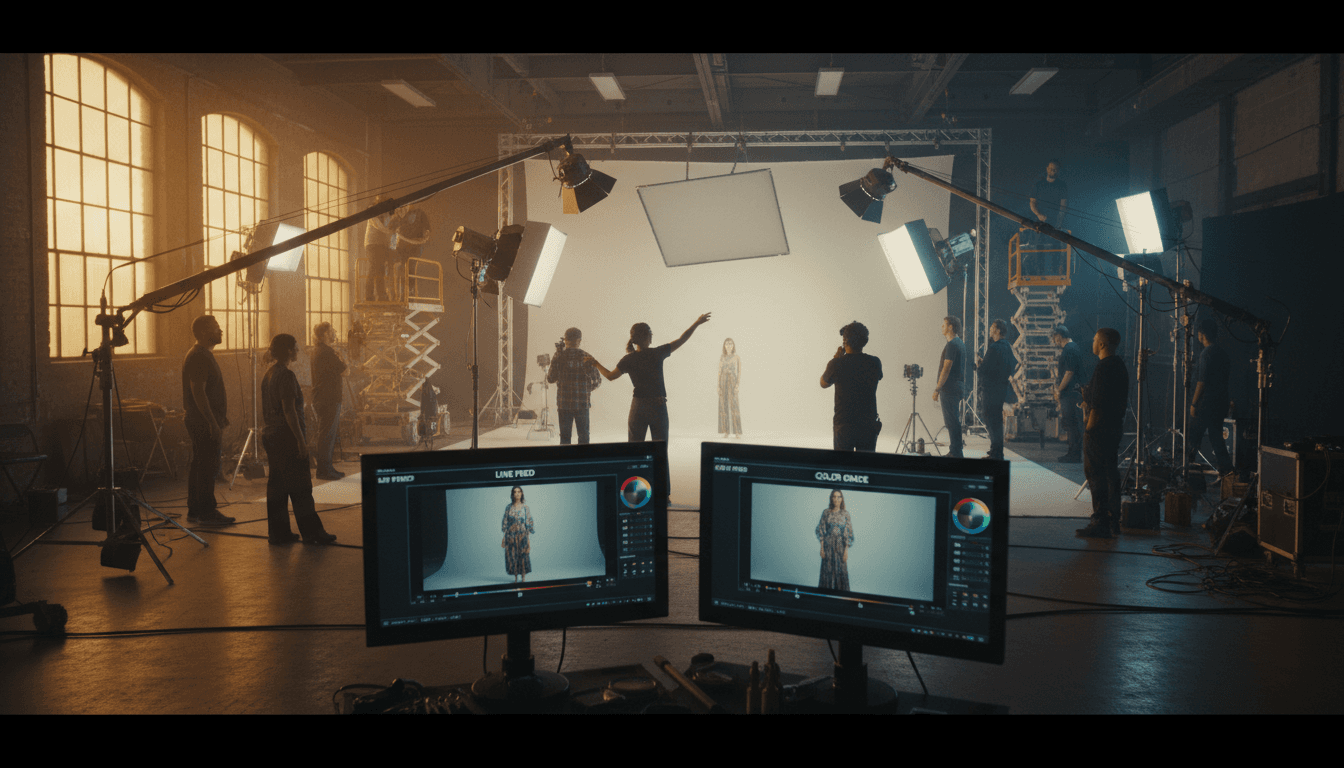 Film crew adjusting studio lighting for video shoot