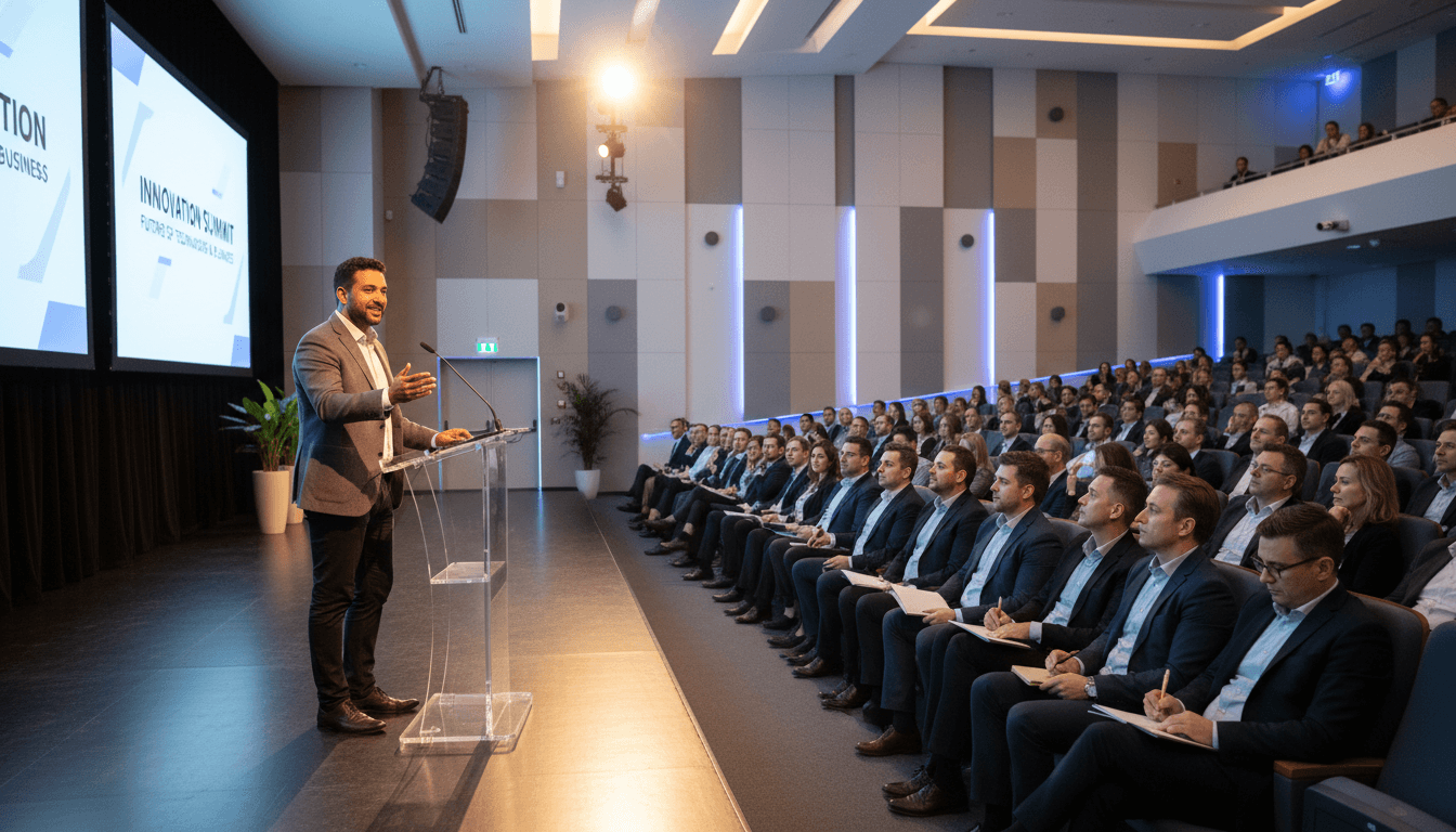 Audience engaged at a corporate event screening a presentation