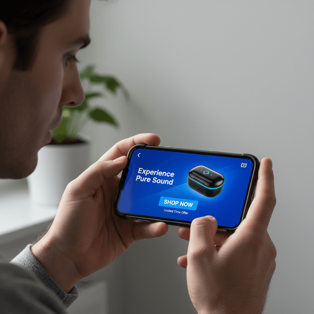 Smartphone displaying an engaging brand video ad in hand