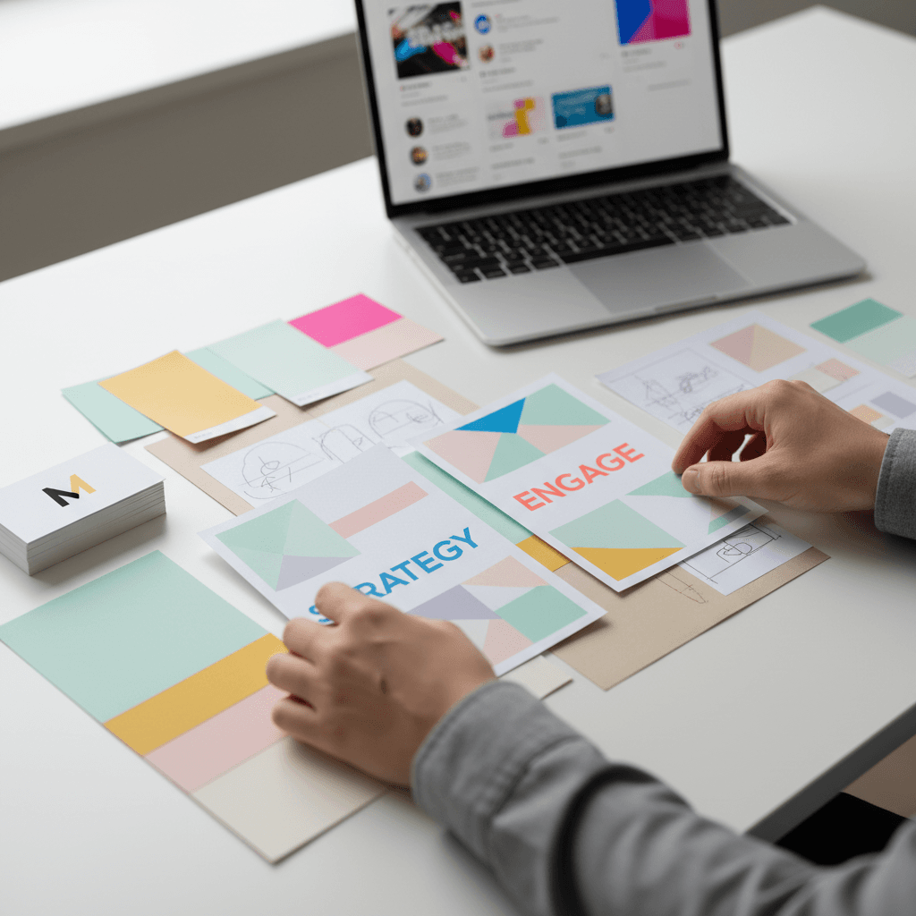 Graphic designer arranging brand identity mockups on a screen