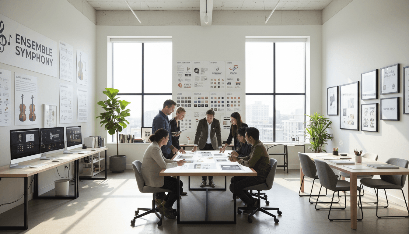 Designer presenting logo options to client in modern office meeting