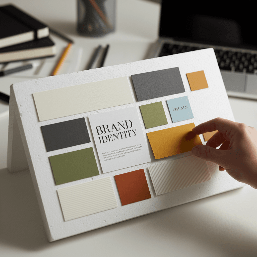 Brand strategy mood board with color palette and typography samples