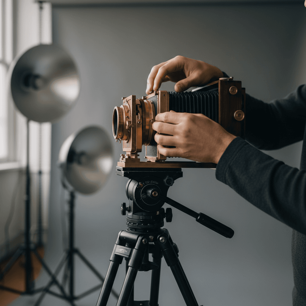 Close up of hands adjusting a camera lens on a tripod