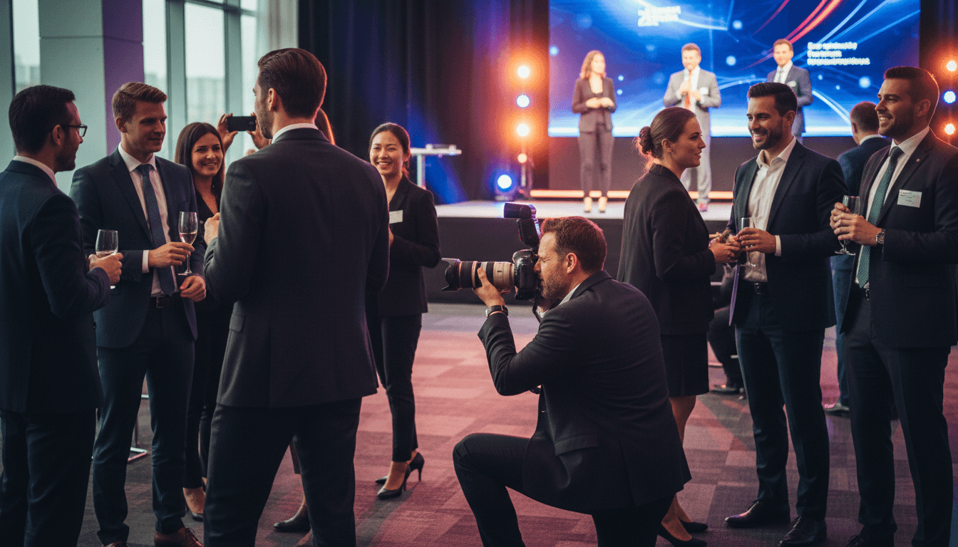 Event photographer taking candid photos at business conference
