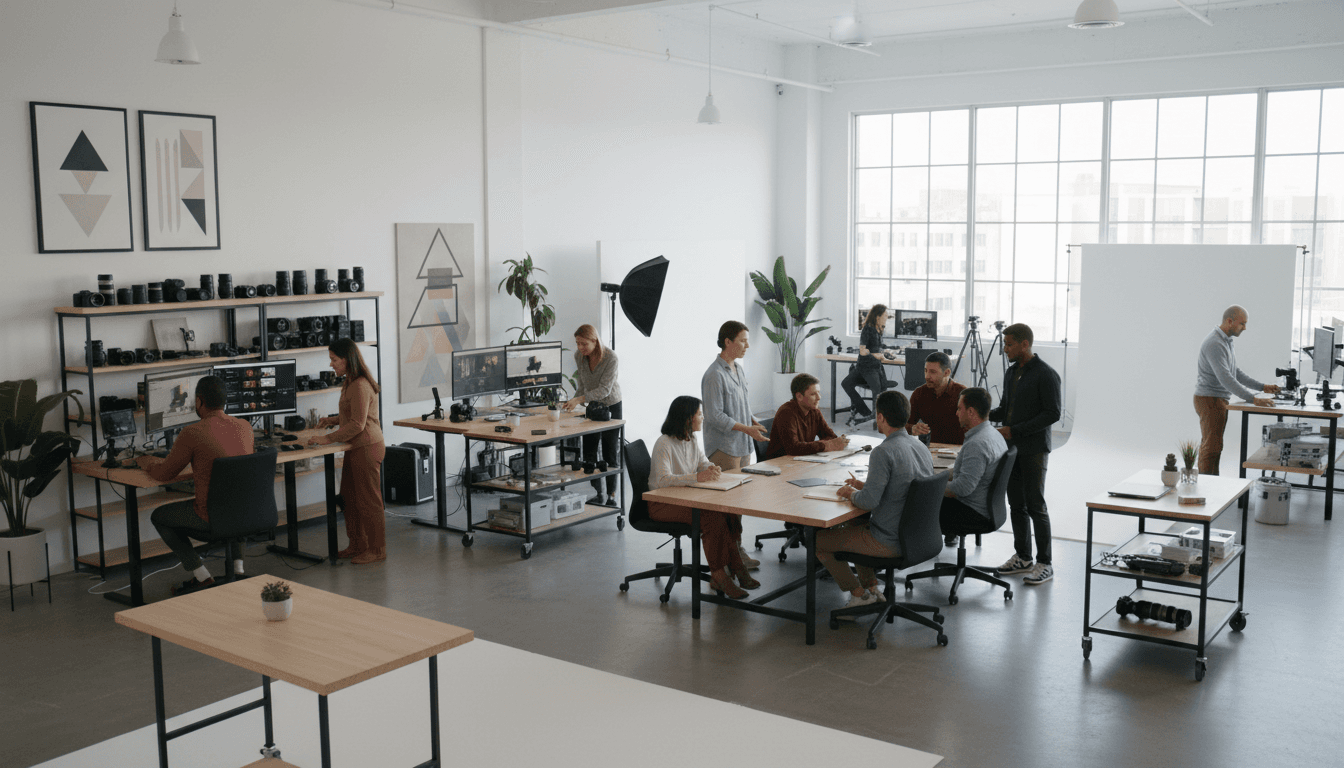 Modern creative studio with professional video production equipment and soft lighting