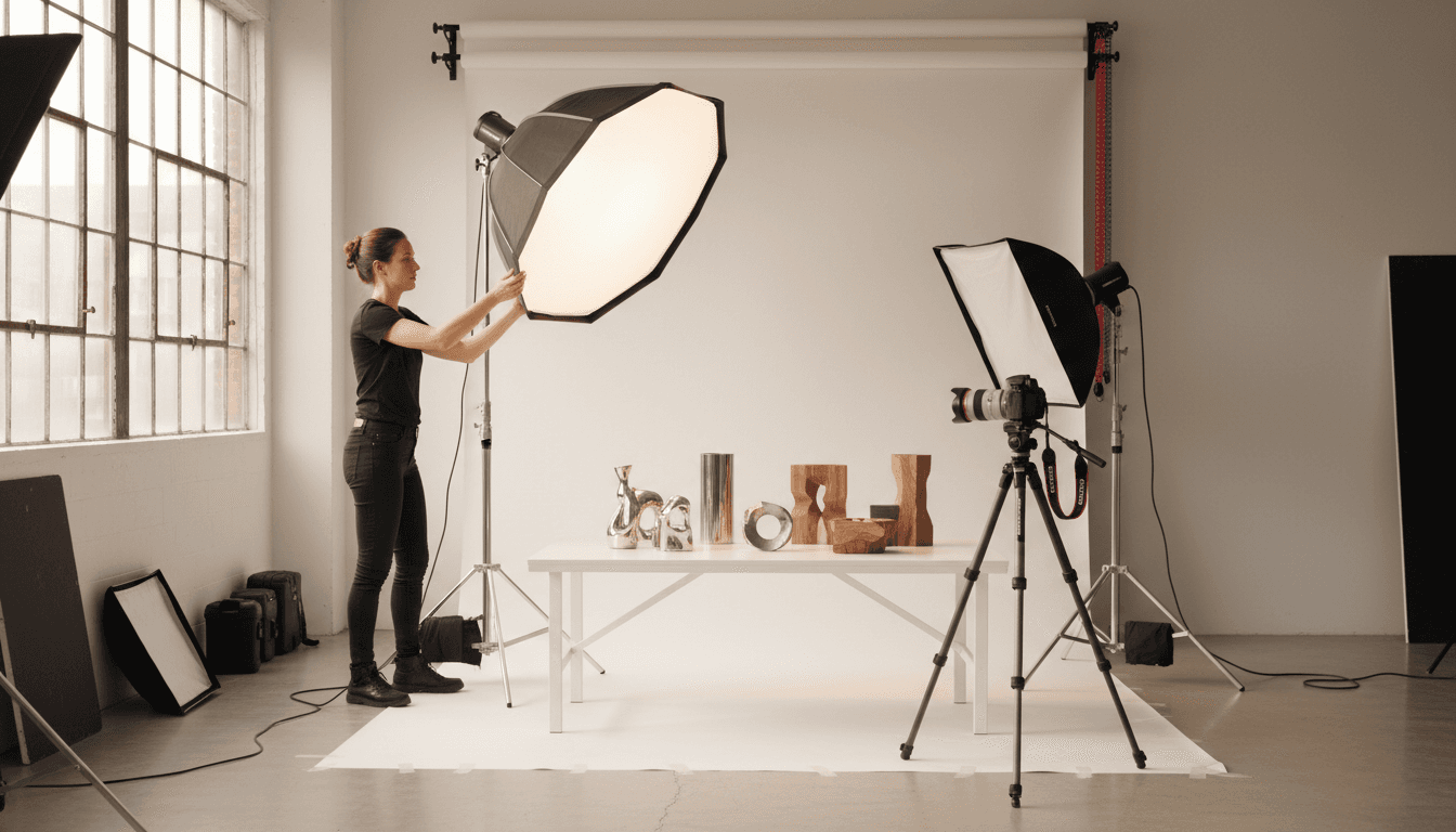 Photographer capturing product shot with softbox lighting