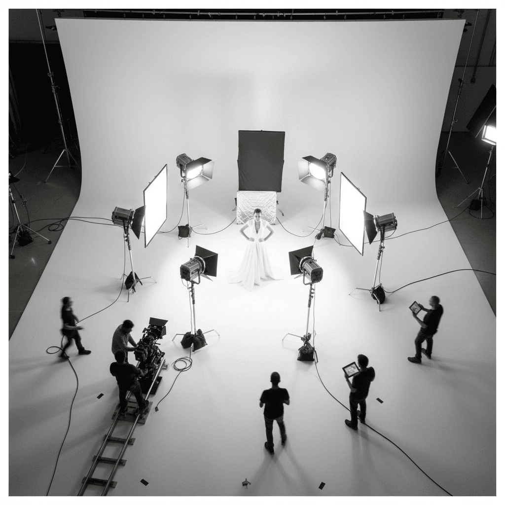Film crew setting up camera equipment on a bright commercial set