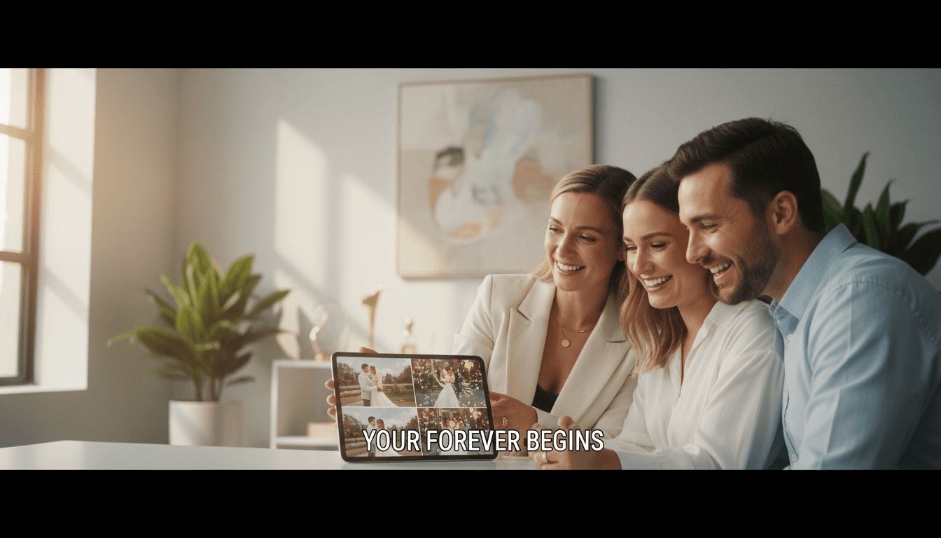 Client watching a final video presentation with a satisfied expression