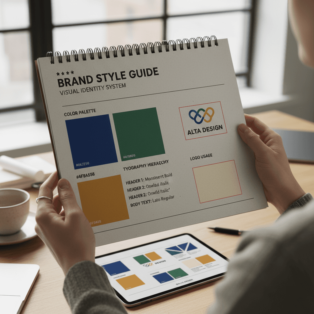 Brand style guide spread across a desk with color swatches
