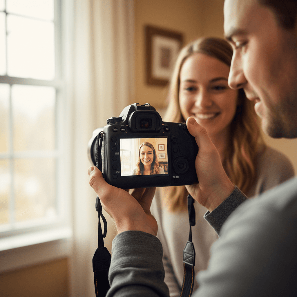 Photographer showing final images on camera screen