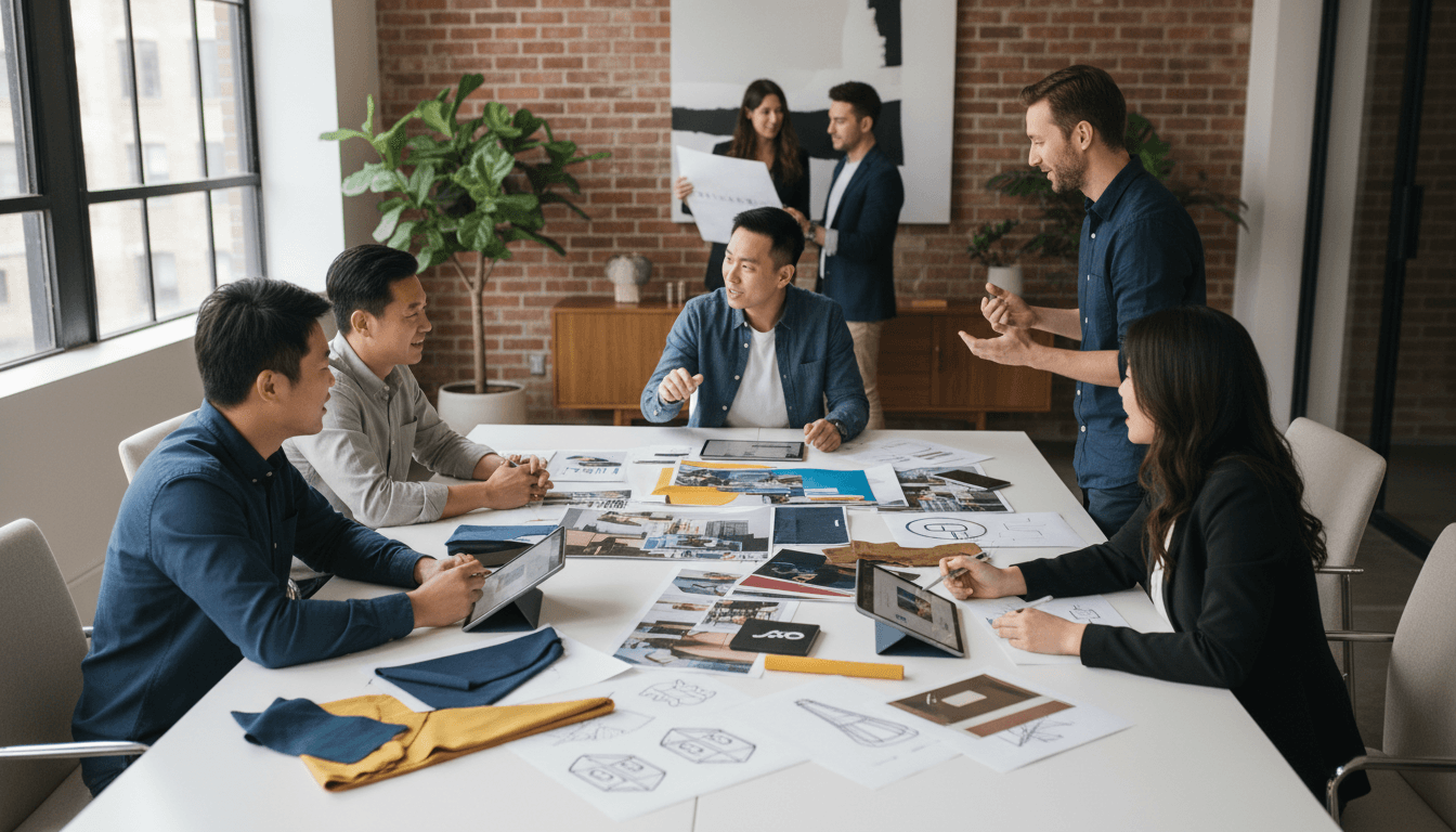 Creative team brainstorming around a table with mood boards in a modern studio