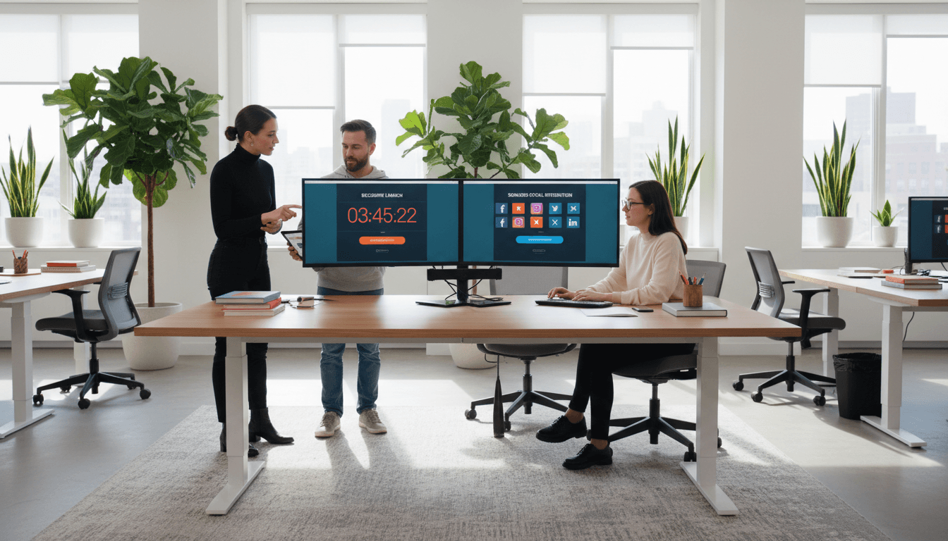 Creative team reviewing social media templates on computer screen