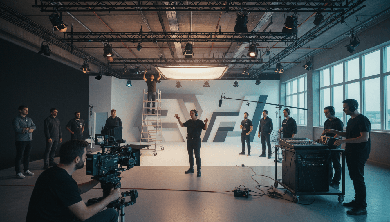 Video production team filming an interview with a professional camera in a modern studio