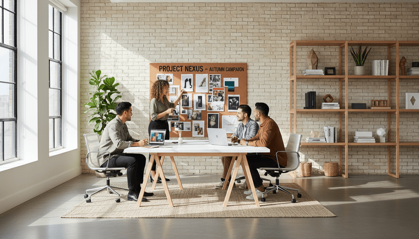 Creative team collaborating around a table with laptops and mood boards