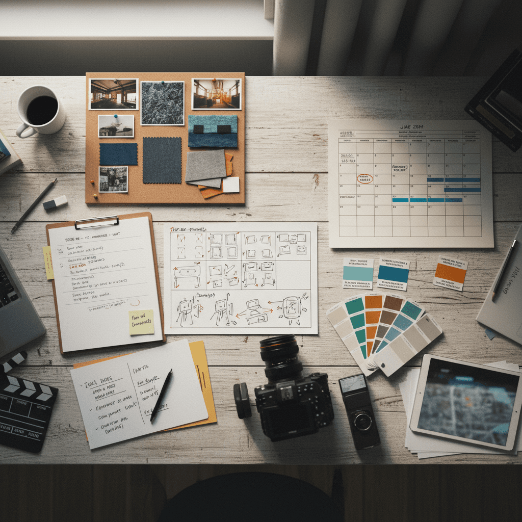 Producer planning a shot list with storyboard sketches on a desk