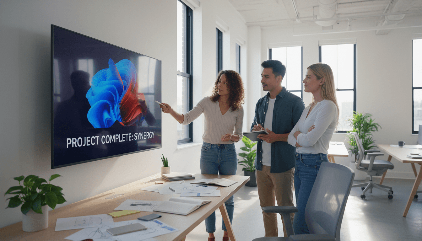 Client watching a finished video on a large display in an office