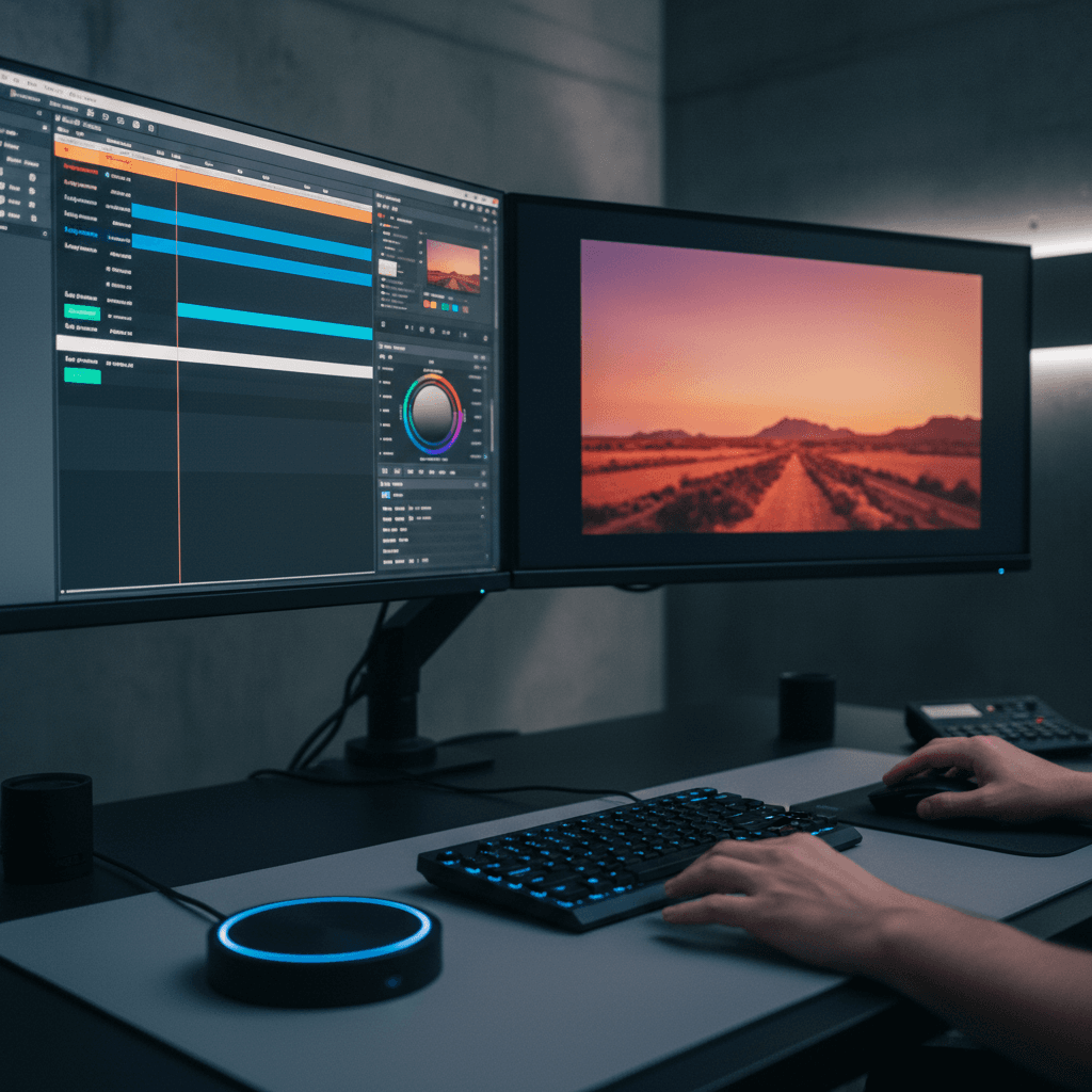 Video editor color grading footage on dual monitors