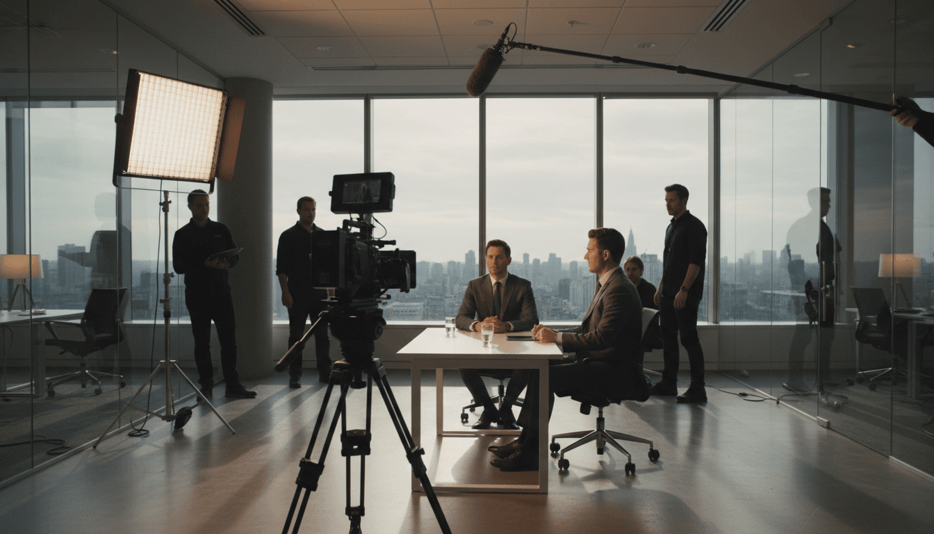 Video crew filming an interview in a Toronto studio