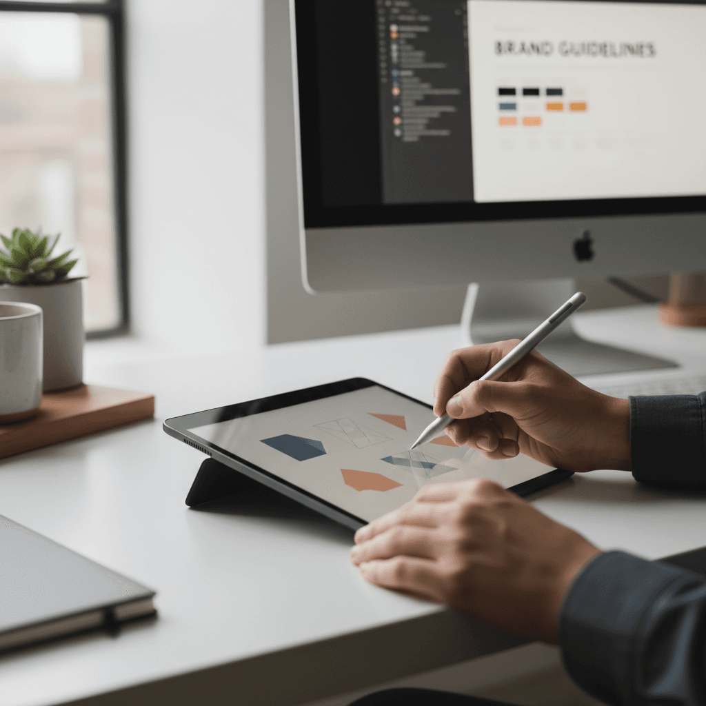 Graphic designer sketching logo concepts on tablet with stylus