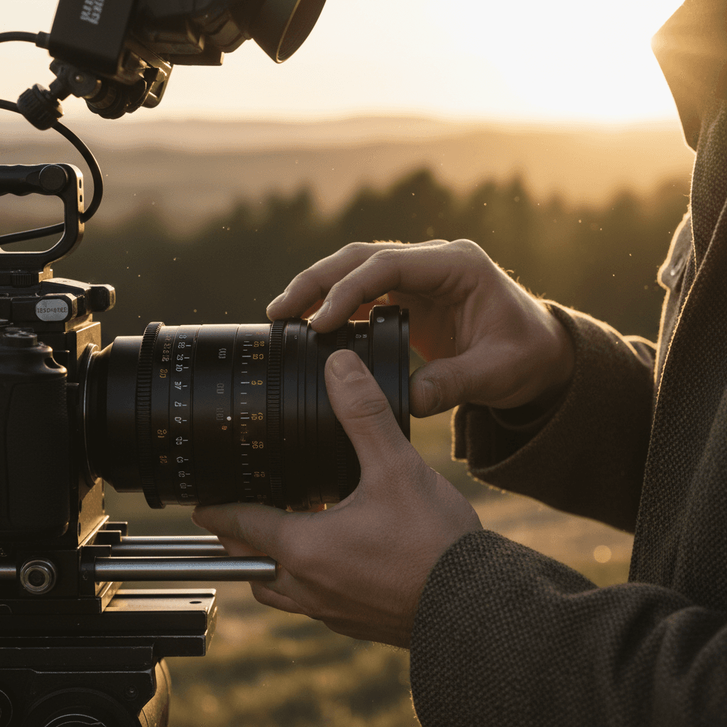 Videographer operating cinema camera during interview setup