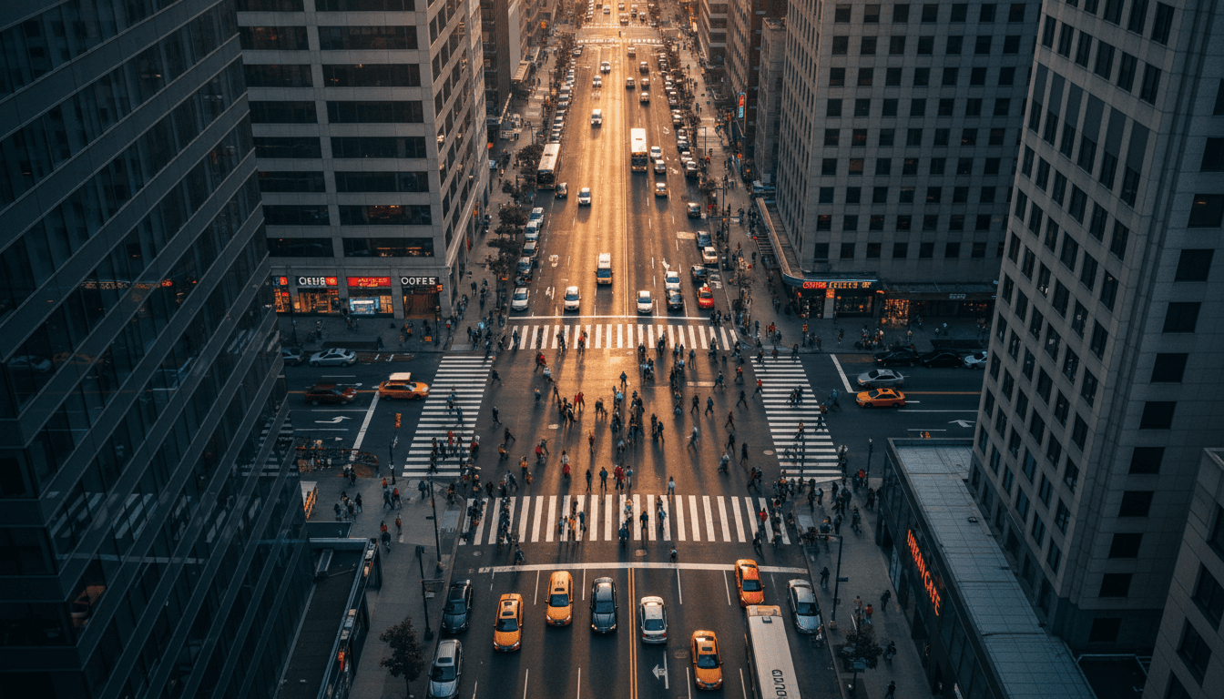 Photographer capturing a city street scene with a professional camera