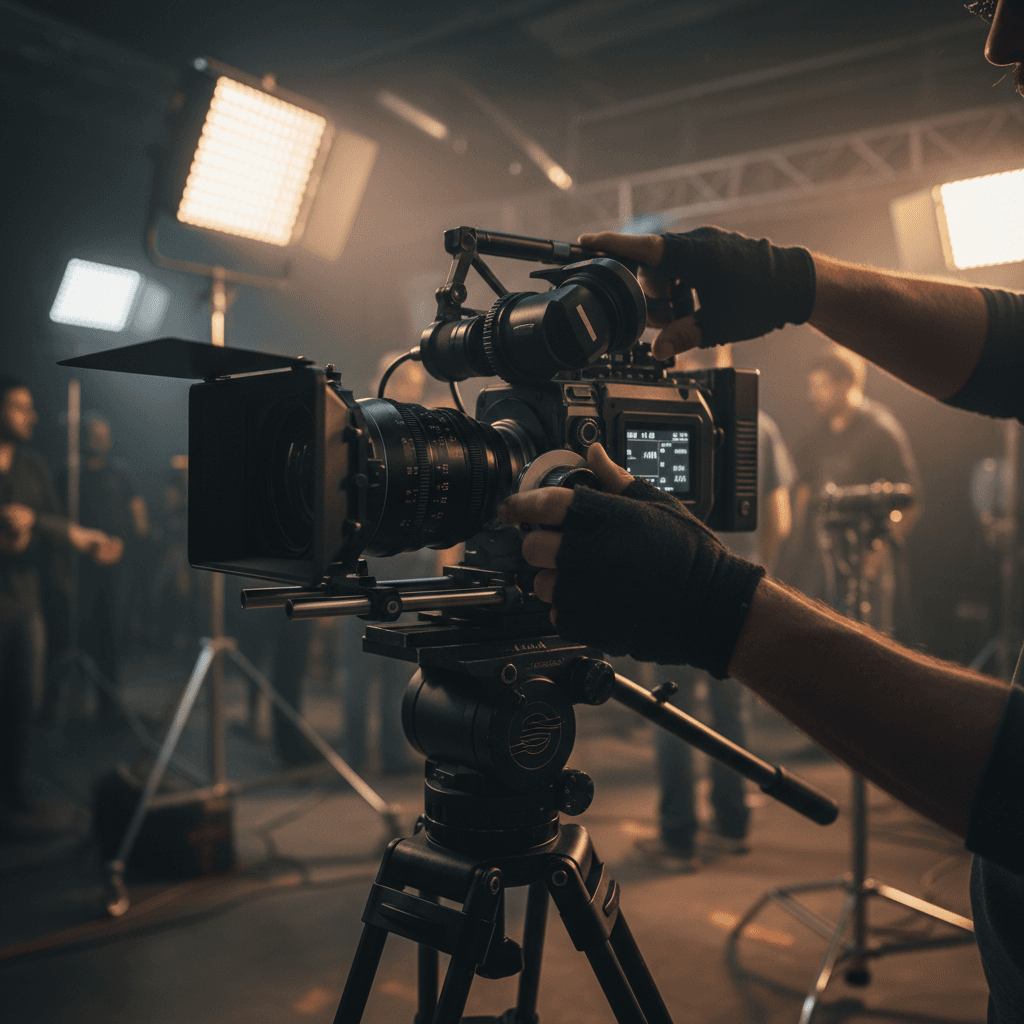 Cinematographer adjusting a lighting rig on a studio production set