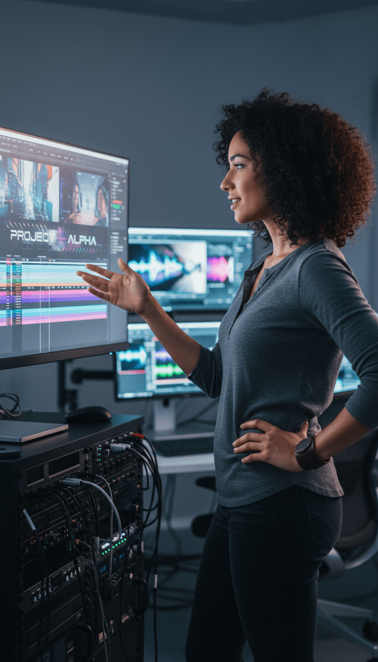 Video director reviewing footage on a monitor in an editing suite