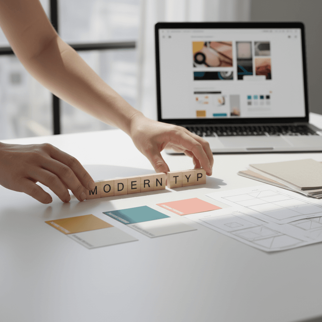 Brand identity design with color swatches and typography on desk