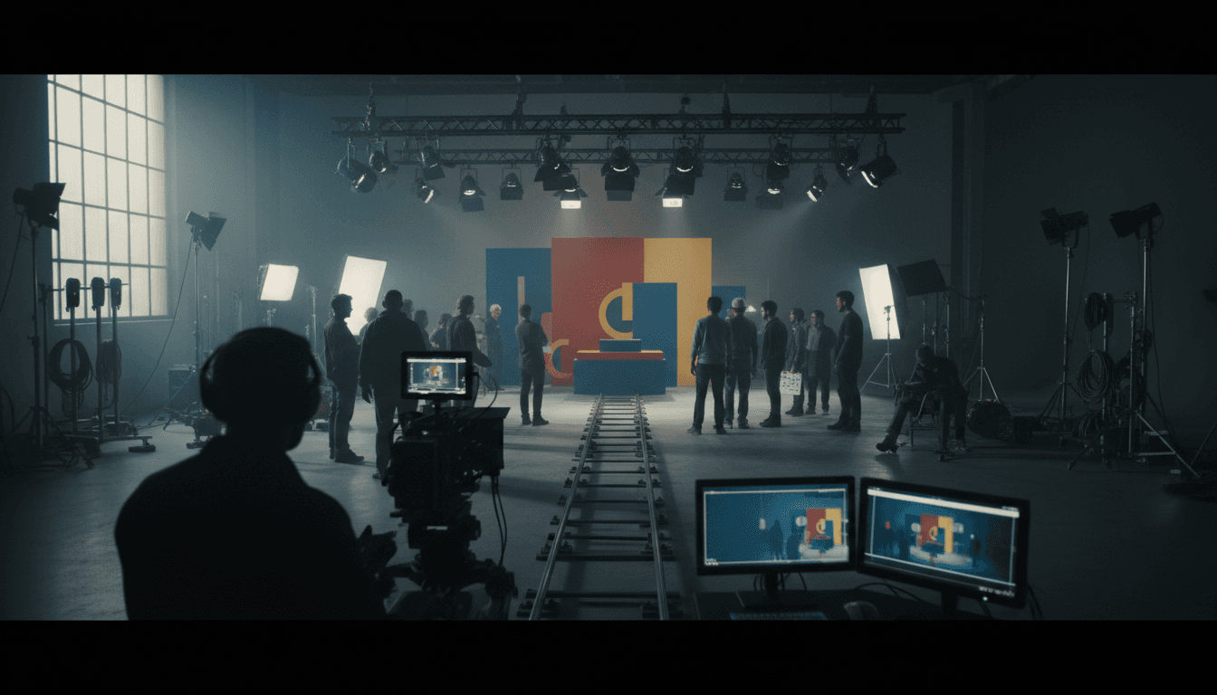 Video production team on set with camera and lighting equipment