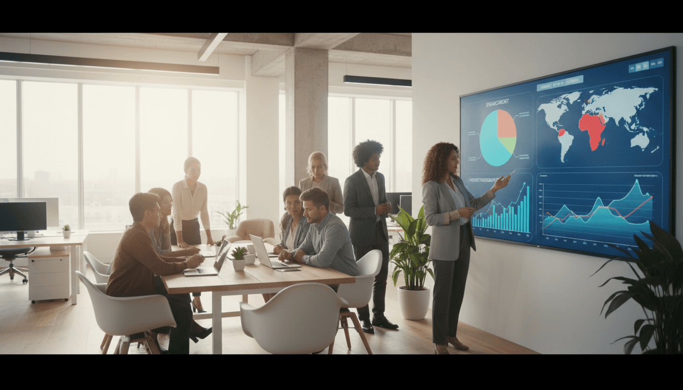 Marketing team reviewing campaign visuals on a large monitor