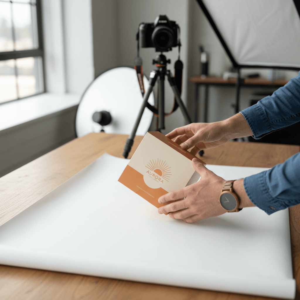 Professional photographer capturing product shots in a clean studio
