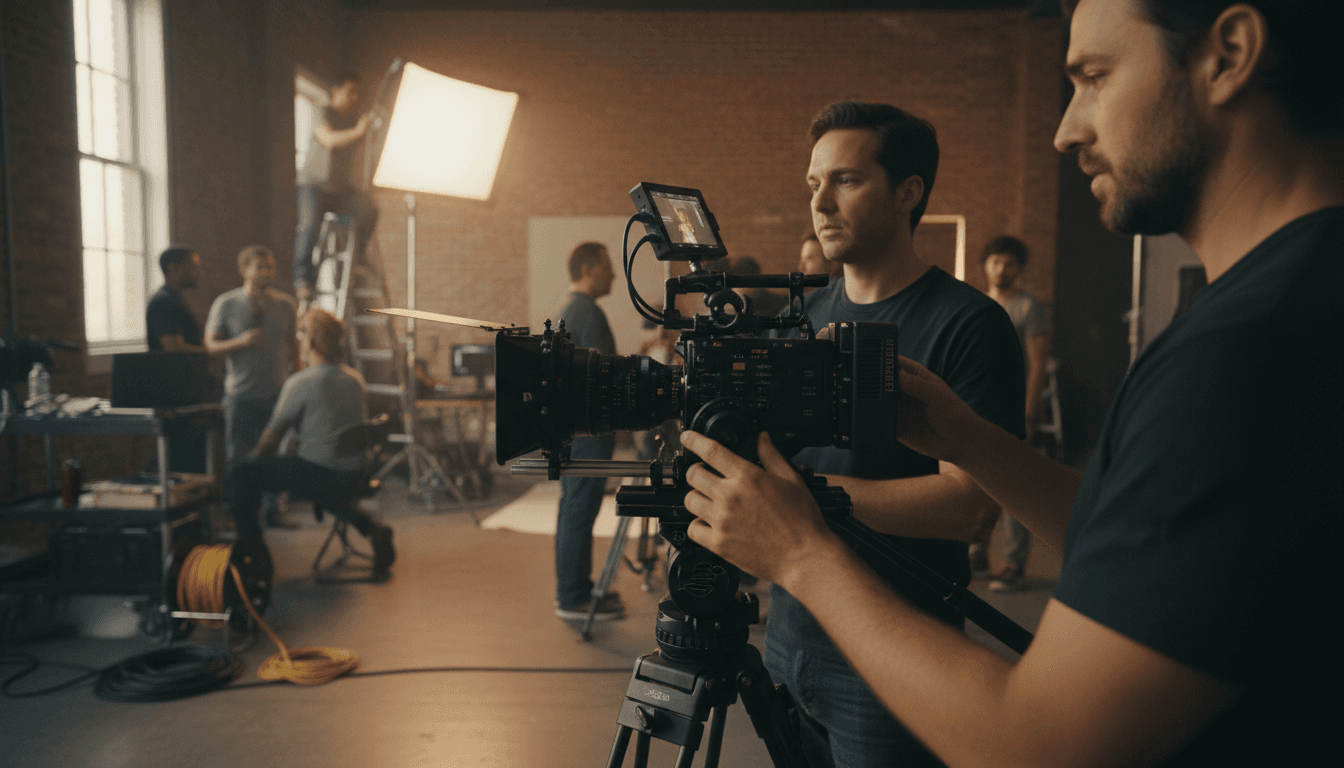 Videographer operating a cinema camera with professional lighting