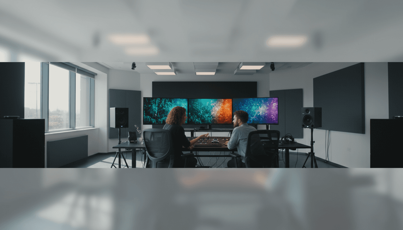 Video production team reviewing footage on a monitor in a modern studio