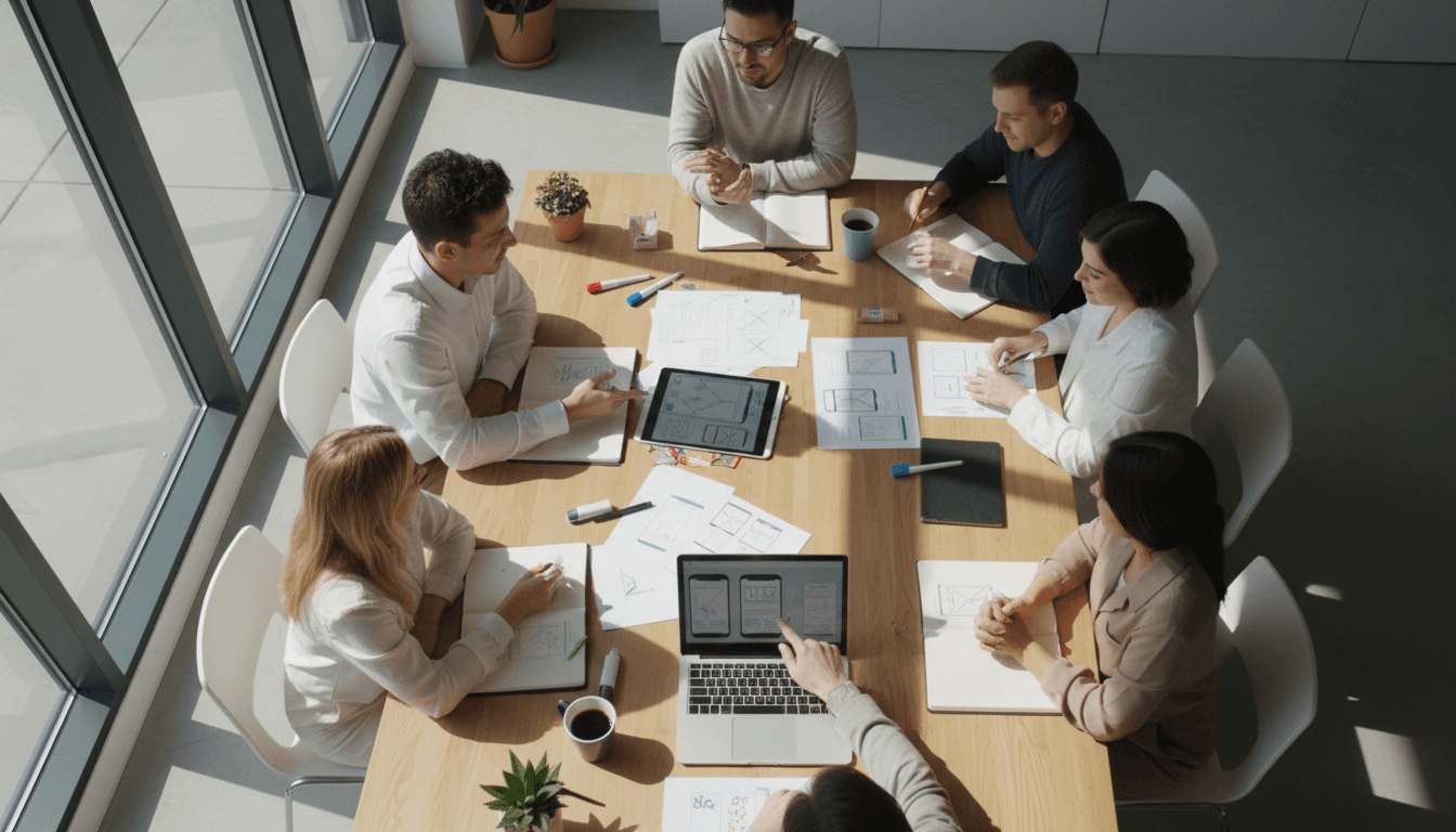 Creative team collaborating around a table in a bright studio