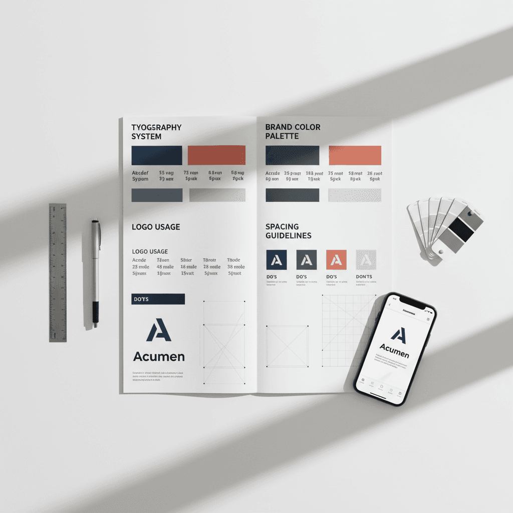 Brand guidelines book spread with grid and icon system